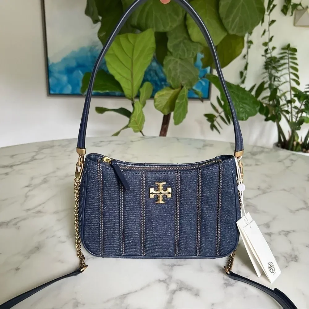 NWT Tory Burch Kira Denim Mini Quilted Crossbody Shoulder Bag Gold Navy Blue